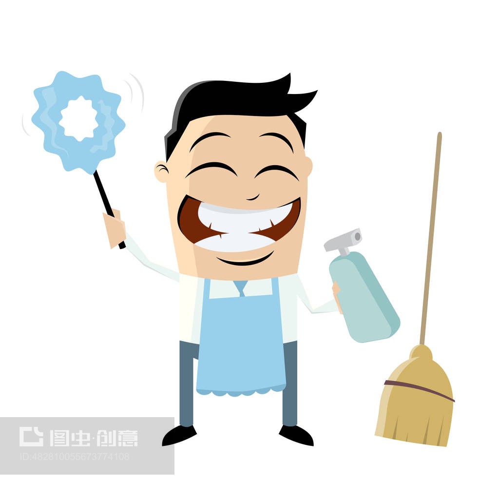 带清洁设备的滑稽卡通男子funny cartoon man with cleaning equipment